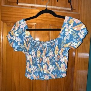 American Eagle Outfitters Floral Blue and Orange Crop Top